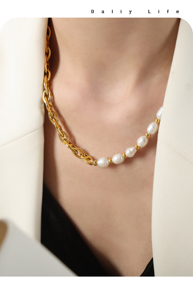 Gold Plated Pearl Necklace for Women – Titanium Steel Freshwater Jewelry