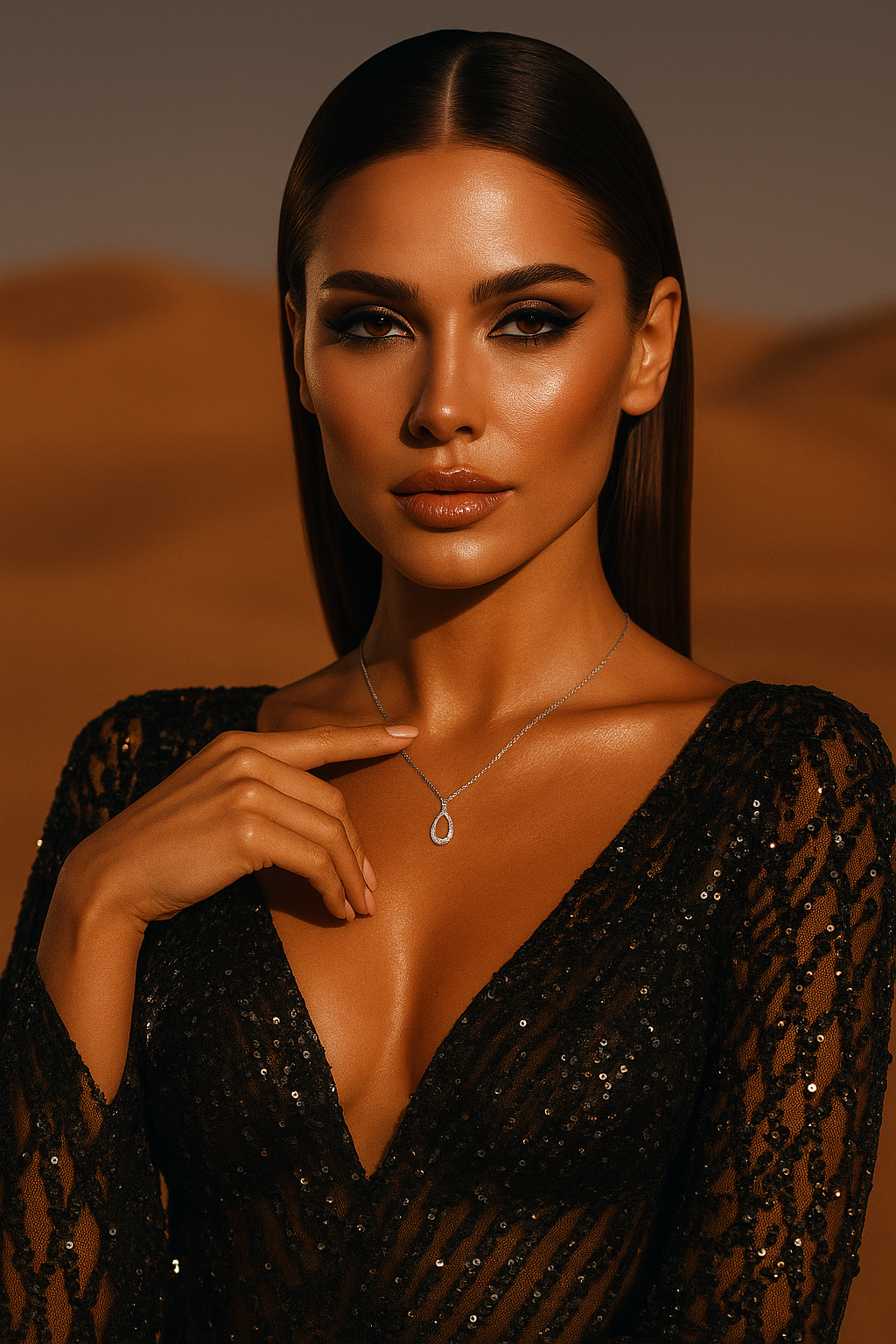 Silver Hollow Drop-Shaped Diamond-Studded Necklace