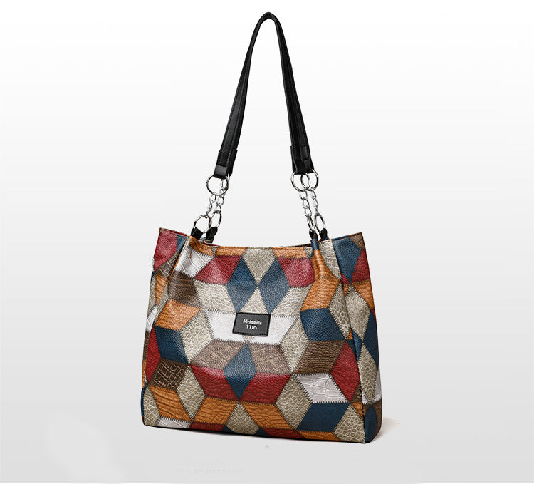 Retro Geometric Pattern Color-matching Shoulder Bag Fashion Large Capacity Stitching Handbag For Women Totes