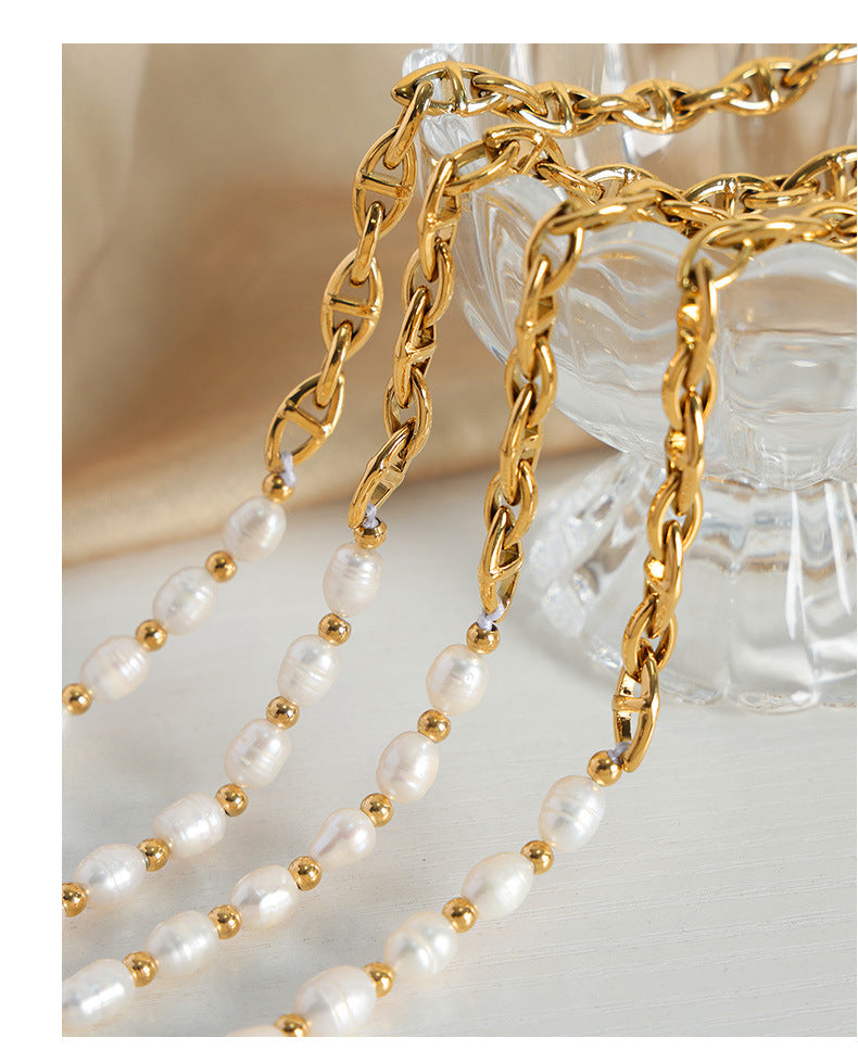 Gold Plated Pearl Necklace for Women – Titanium Steel Freshwater Jewelry