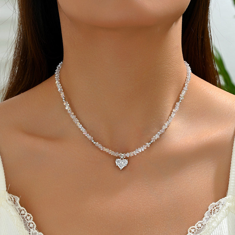 Beaded Crystal Heart Necklace for Women – Simple Dainty Fashion Jewelry