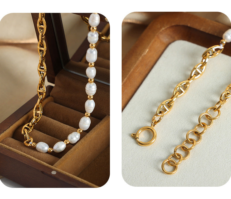 Gold Plated Pearl Necklace for Women – Titanium Steel Freshwater Jewelry