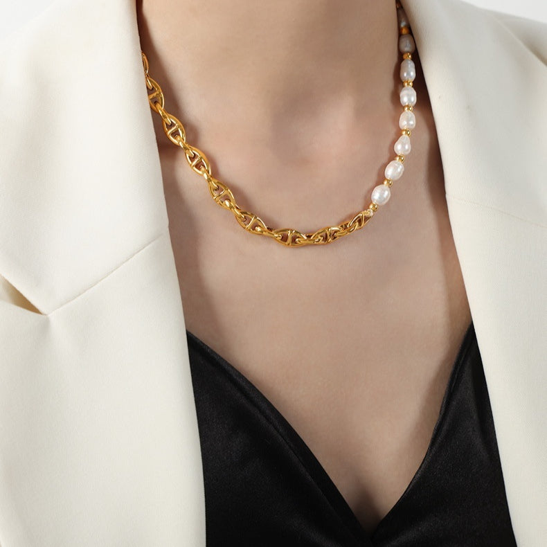 Gold Plated Pearl Necklace for Women – Titanium Steel Freshwater Jewelry