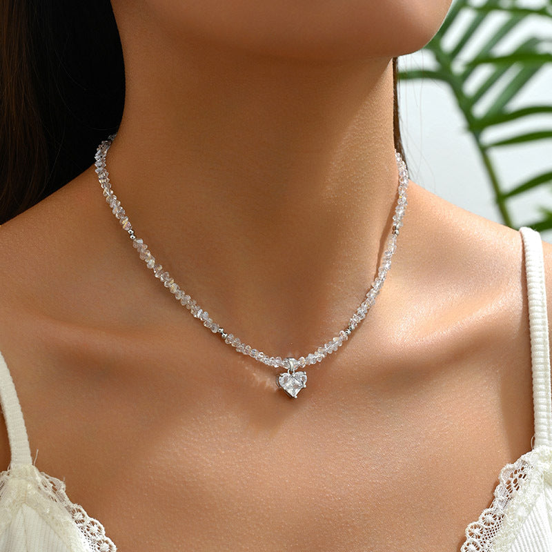 Beaded Crystal Heart Necklace for Women – Simple Dainty Fashion Jewelry